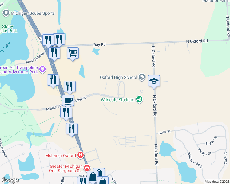 map of restaurants, bars, coffee shops, grocery stores, and more near 211 East Market Street in Oxford