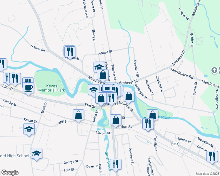map of restaurants, bars, coffee shops, grocery stores, and more near 7 Amherst Street in Milford