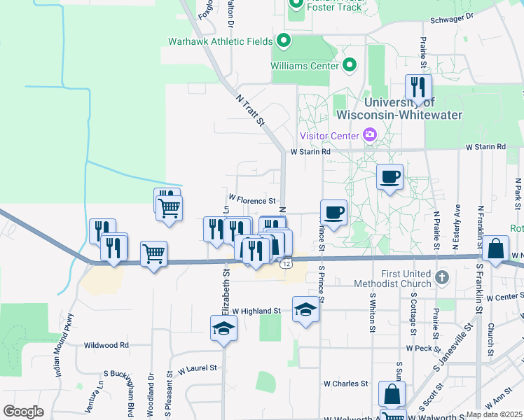 map of restaurants, bars, coffee shops, grocery stores, and more near 181 North Fraternity Lane in Whitewater