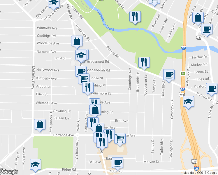map of restaurants, bars, coffee shops, grocery stores, and more near 87 Cushing Place in Buffalo