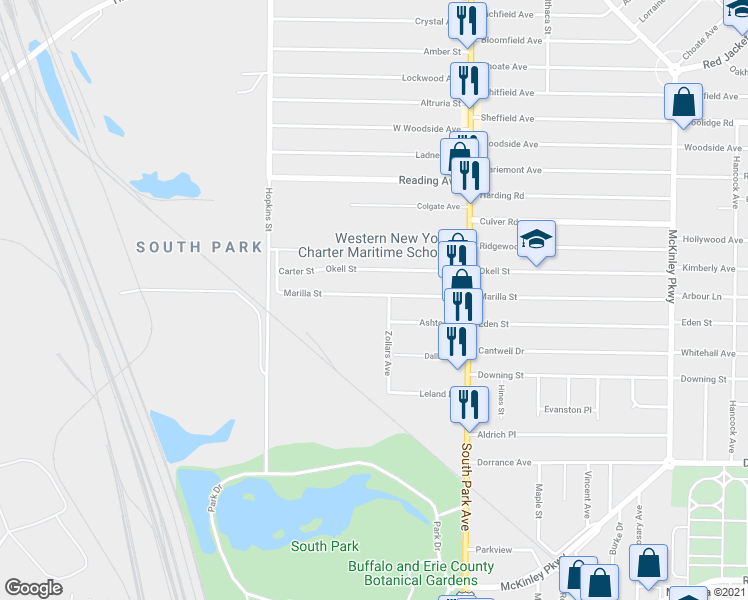 map of restaurants, bars, coffee shops, grocery stores, and more near 329 Marilla Street in Buffalo