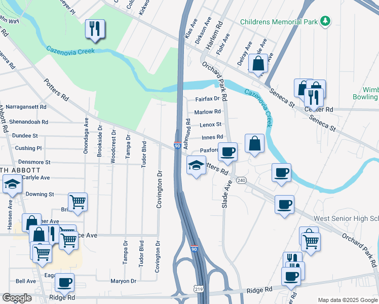 map of restaurants, bars, coffee shops, grocery stores, and more near 590 Potters Road in Buffalo