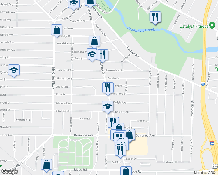 map of restaurants, bars, coffee shops, grocery stores, and more near 1002 Abbott Road in Buffalo