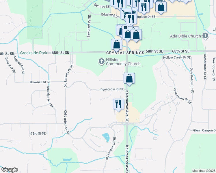 map of restaurants, bars, coffee shops, grocery stores, and more near 1485 Penncross Drive Southeast in Caledonia