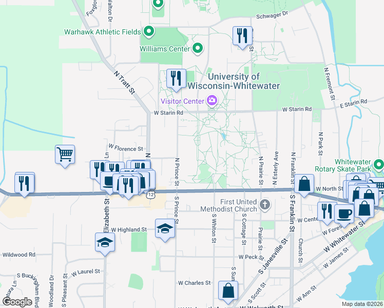 map of restaurants, bars, coffee shops, grocery stores, and more near 221 North Prince Street in Whitewater