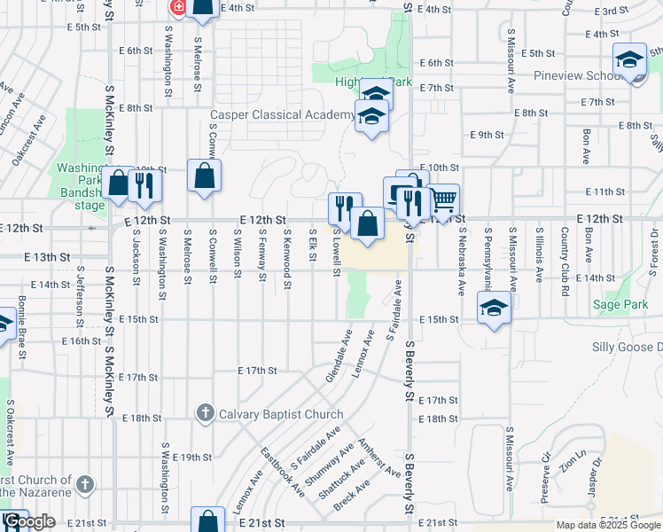 map of restaurants, bars, coffee shops, grocery stores, and more near 1320 South Lowell Street in Casper