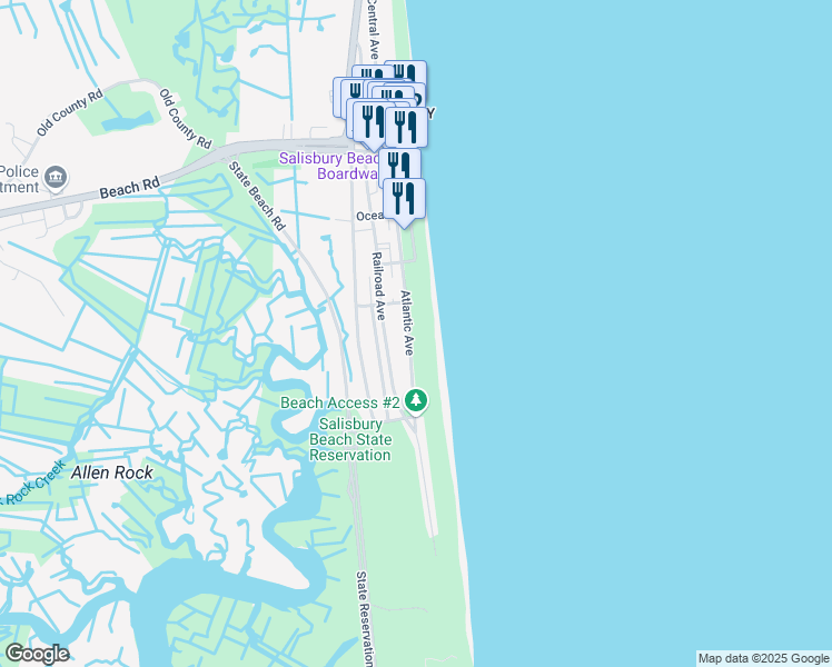 map of restaurants, bars, coffee shops, grocery stores, and more near 92 Atlantic Avenue in Salisbury