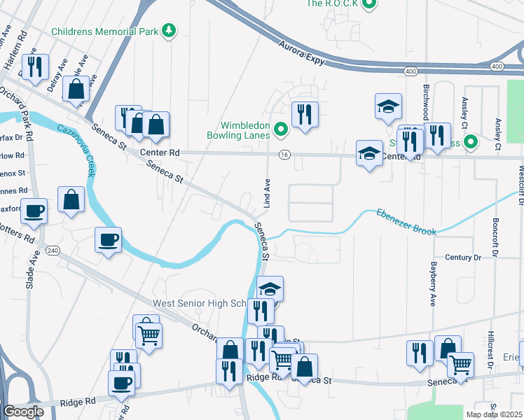 map of restaurants, bars, coffee shops, grocery stores, and more near 3220 Seneca Street in West Seneca