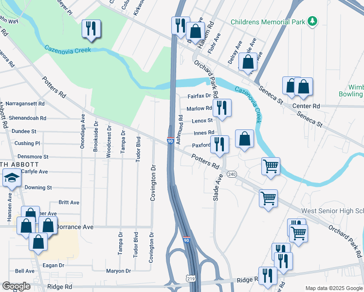map of restaurants, bars, coffee shops, grocery stores, and more near 590 Potters Road in Buffalo