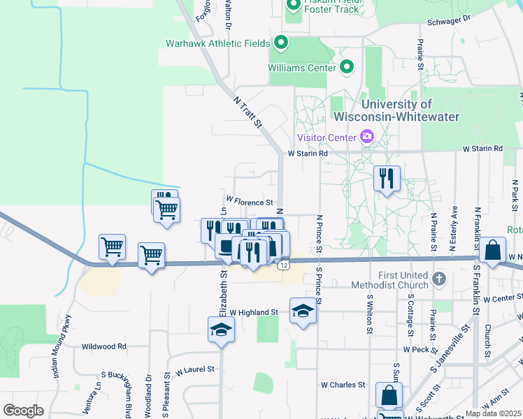 map of restaurants, bars, coffee shops, grocery stores, and more near 181 North Fraternity Lane in Whitewater