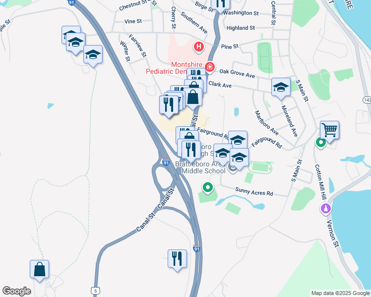 map of restaurants, bars, coffee shops, grocery stores, and more near Canal Street in Brattleboro