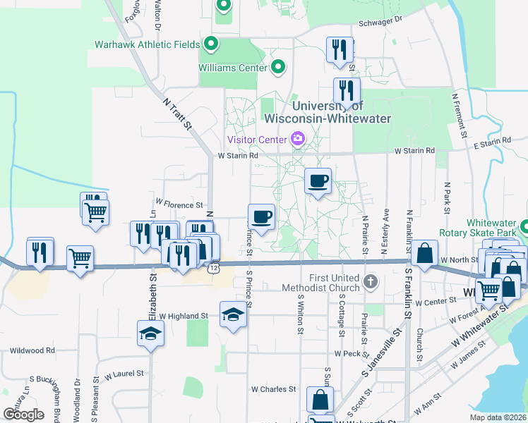 map of restaurants, bars, coffee shops, grocery stores, and more near 221 North Prince Street in Whitewater