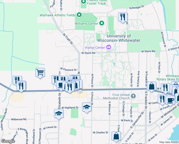 map of restaurants, bars, coffee shops, grocery stores, and more near 166 North Prince Street in Whitewater