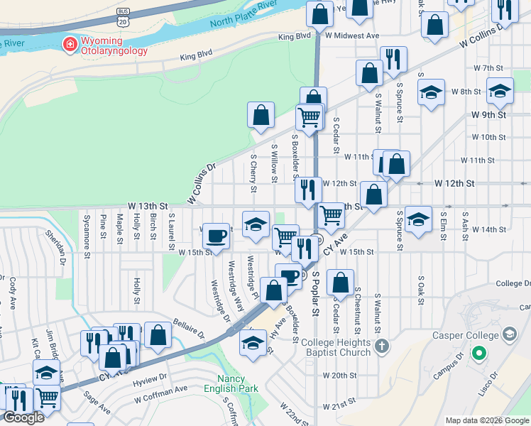 map of restaurants, bars, coffee shops, grocery stores, and more near 1300-1398 S Willow St in Casper