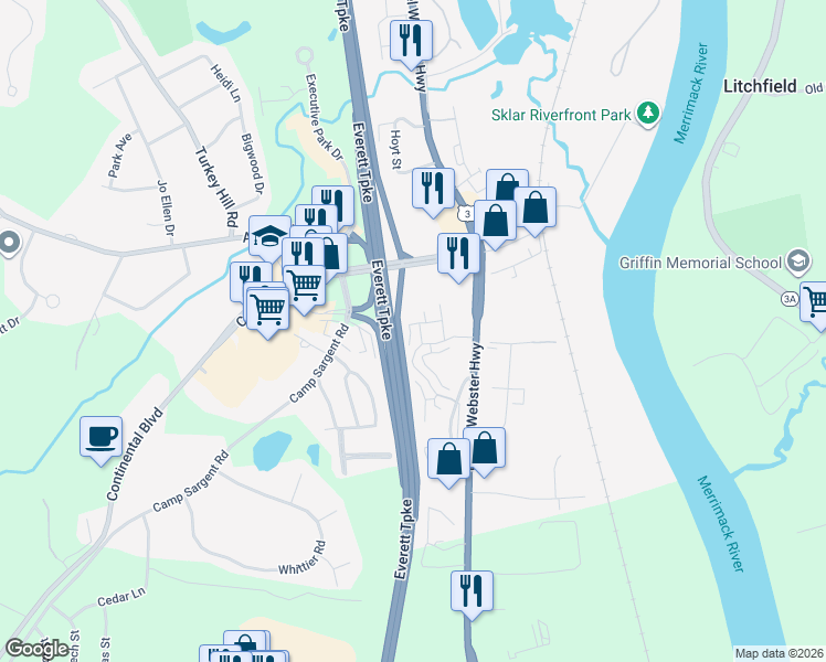 map of restaurants, bars, coffee shops, grocery stores, and more near 6 Turnbuckle Lane in Merrimack