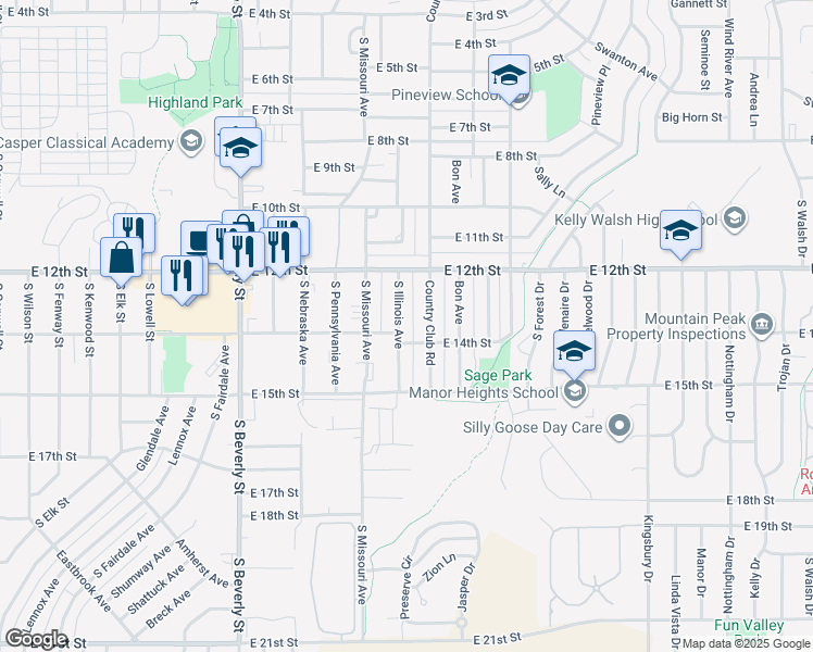 map of restaurants, bars, coffee shops, grocery stores, and more near 2700 East 14th Street in Casper