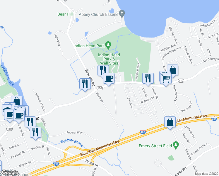 map of restaurants, bars, coffee shops, grocery stores, and more near 101 East Main Street in Merrimac