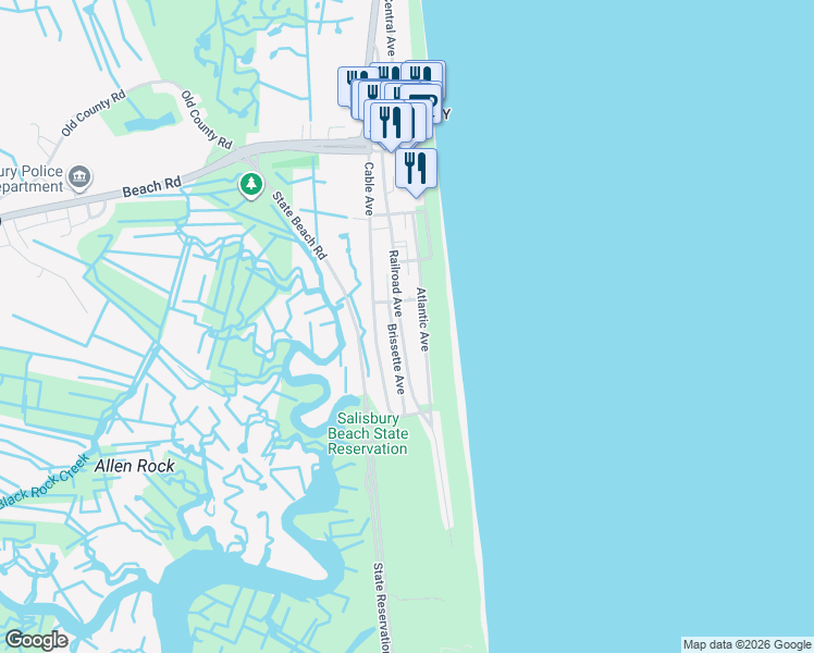 map of restaurants, bars, coffee shops, grocery stores, and more near 103 Railroad Avenue in Salisbury