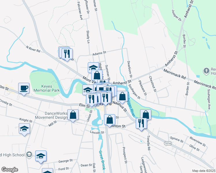 map of restaurants, bars, coffee shops, grocery stores, and more near 7 Amherst Street in Milford