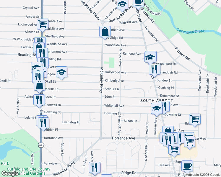 map of restaurants, bars, coffee shops, grocery stores, and more near 15 Arbour Lane in Buffalo
