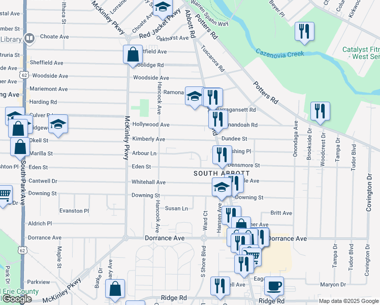 map of restaurants, bars, coffee shops, grocery stores, and more near 139 Arbour Lane in Buffalo