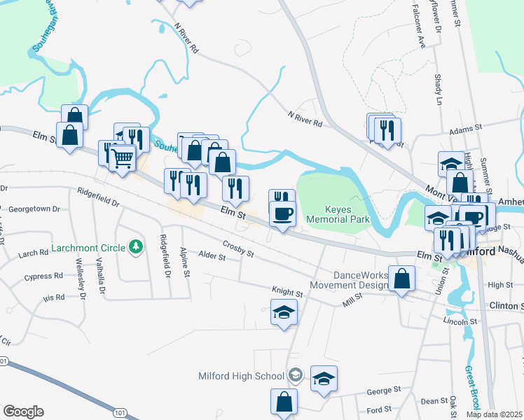 map of restaurants, bars, coffee shops, grocery stores, and more near 135 Elm Street in Milford