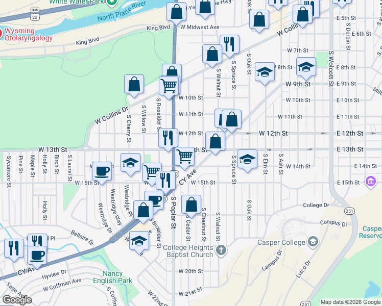 map of restaurants, bars, coffee shops, grocery stores, and more near 770 CY Ave in Casper