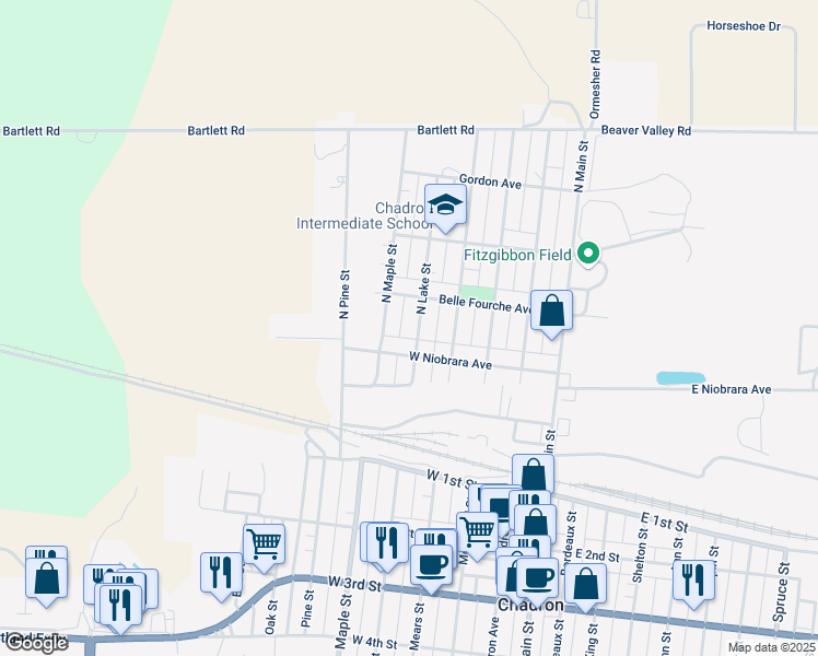 map of restaurants, bars, coffee shops, grocery stores, and more near 230 North Lake Street in Chadron