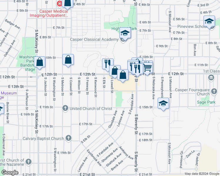 map of restaurants, bars, coffee shops, grocery stores, and more near 1308 South Lowell Street in Casper