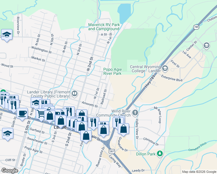 map of restaurants, bars, coffee shops, grocery stores, and more near 200 Riverwood Parkway in Lander