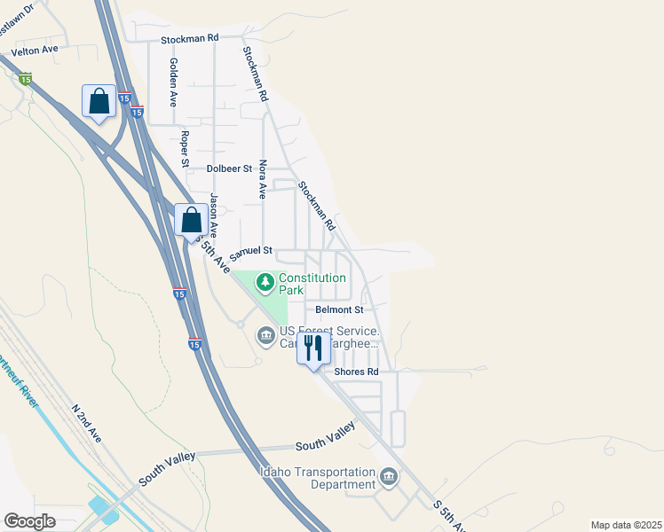 map of restaurants, bars, coffee shops, grocery stores, and more near 1002 Samuel Street in Pocatello