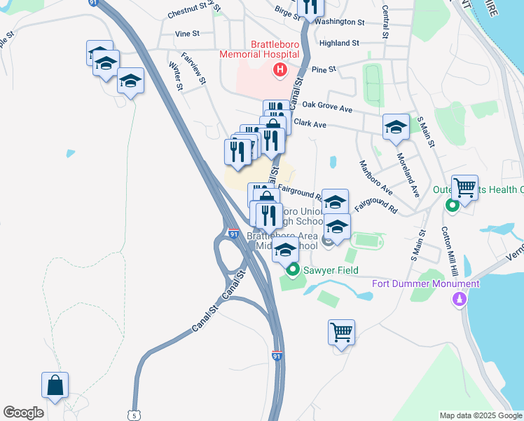 map of restaurants, bars, coffee shops, grocery stores, and more near Canal Street in Brattleboro