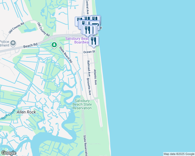 map of restaurants, bars, coffee shops, grocery stores, and more near 92 Atlantic Avenue in Salisbury