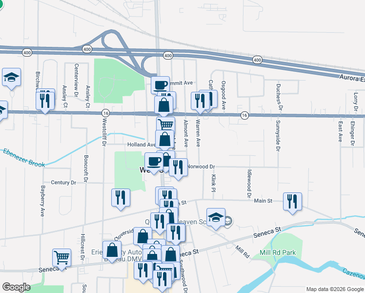 map of restaurants, bars, coffee shops, grocery stores, and more near 27 Almont Avenue in Buffalo