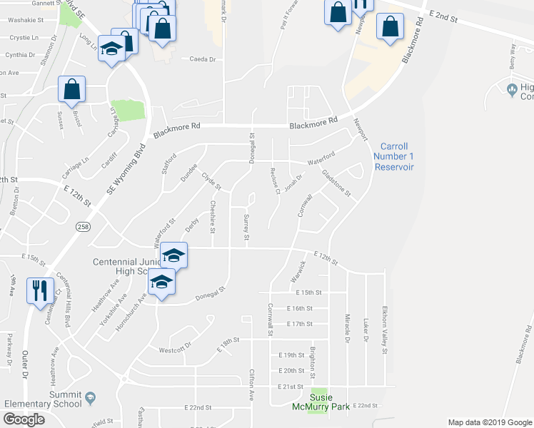 map of restaurants, bars, coffee shops, grocery stores, and more near 1130 Recluse Court in Casper