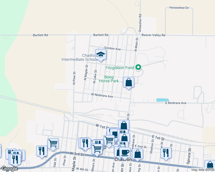 map of restaurants, bars, coffee shops, grocery stores, and more near 226 North Mears Street in Chadron