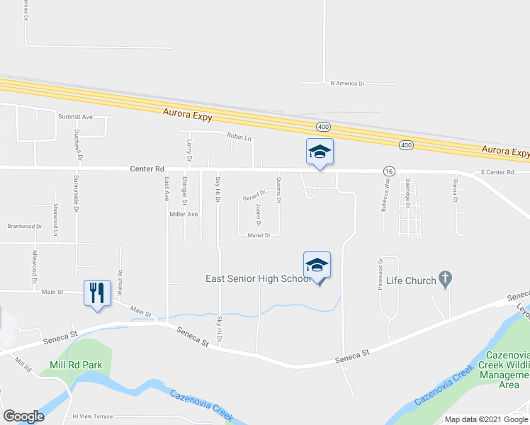 map of restaurants, bars, coffee shops, grocery stores, and more near 33 Joann Drive in Buffalo