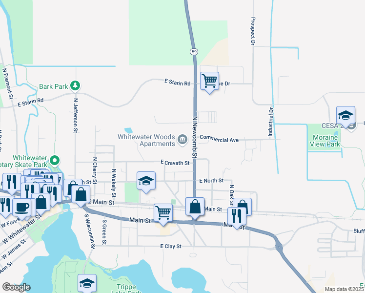 map of restaurants, bars, coffee shops, grocery stores, and more near 340 North Newcomb Street in Whitewater