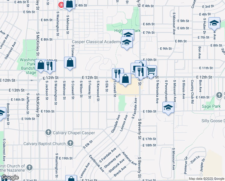 map of restaurants, bars, coffee shops, grocery stores, and more near 1320 South Lowell Street in Casper