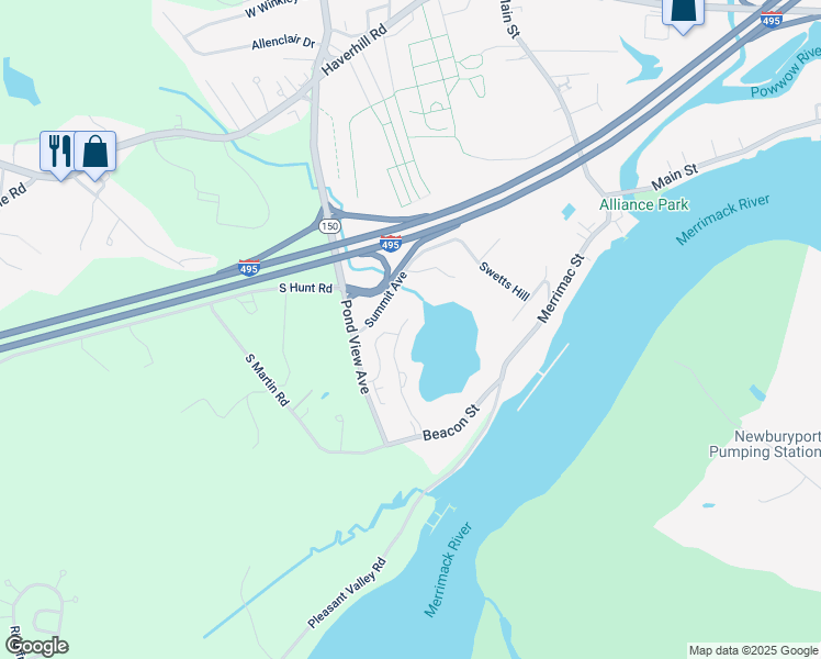 map of restaurants, bars, coffee shops, grocery stores, and more near 24 Pond View Avenue in Amesbury