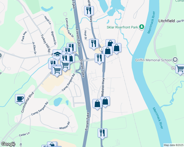 map of restaurants, bars, coffee shops, grocery stores, and more near 5 Turnbuckle Lane in Merrimack