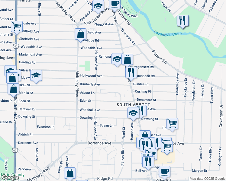 map of restaurants, bars, coffee shops, grocery stores, and more near 139 Arbour Lane in Buffalo