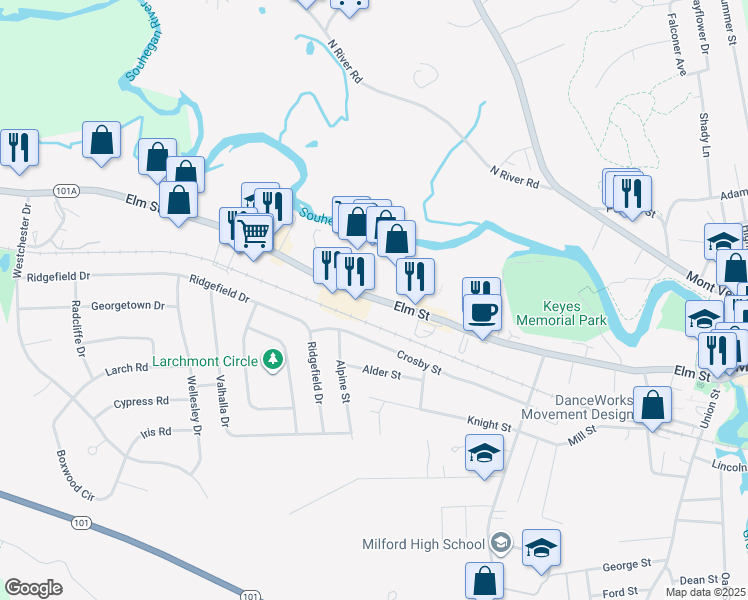 map of restaurants, bars, coffee shops, grocery stores, and more near 162 Elm St in Milford