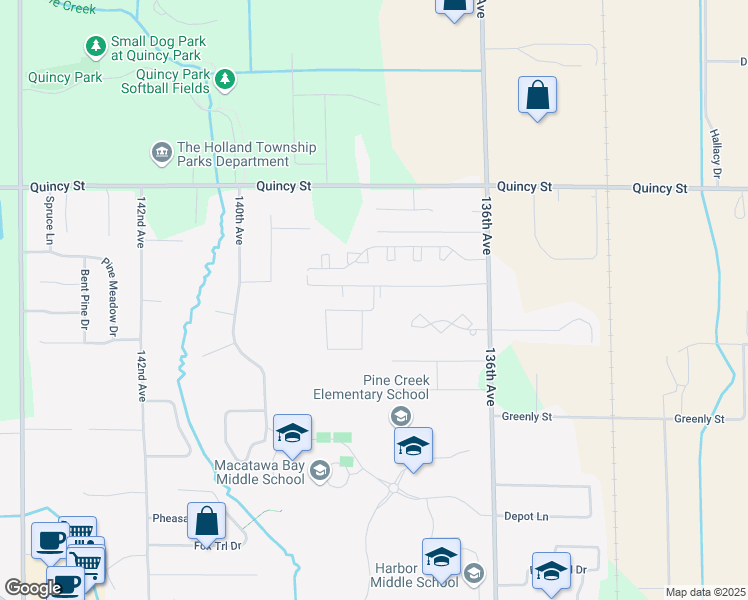map of restaurants, bars, coffee shops, grocery stores, and more near Campus in Holland