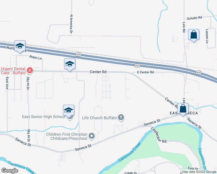 map of restaurants, bars, coffee shops, grocery stores, and more near 79 Oakridge Drive in West Seneca