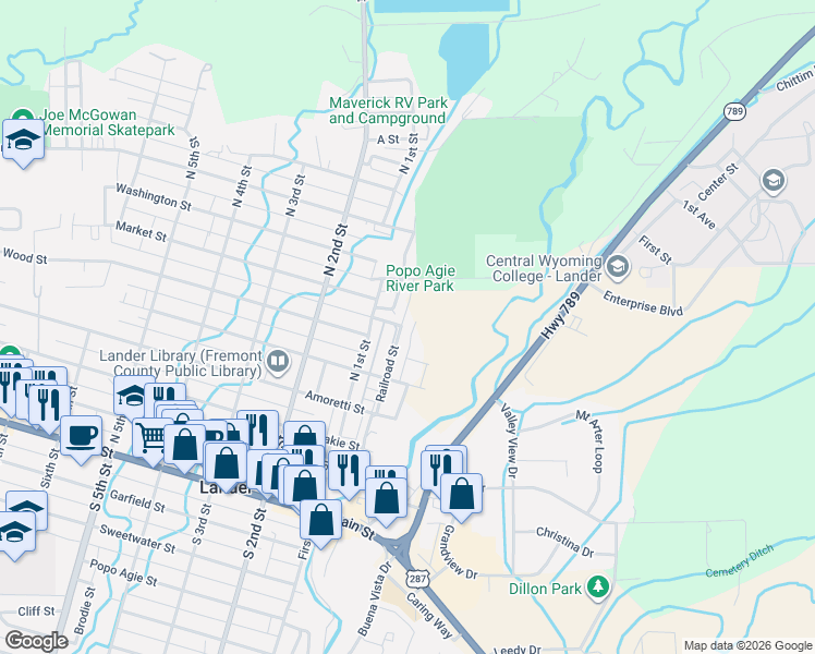 map of restaurants, bars, coffee shops, grocery stores, and more near 200 Riverwood Parkway in Lander