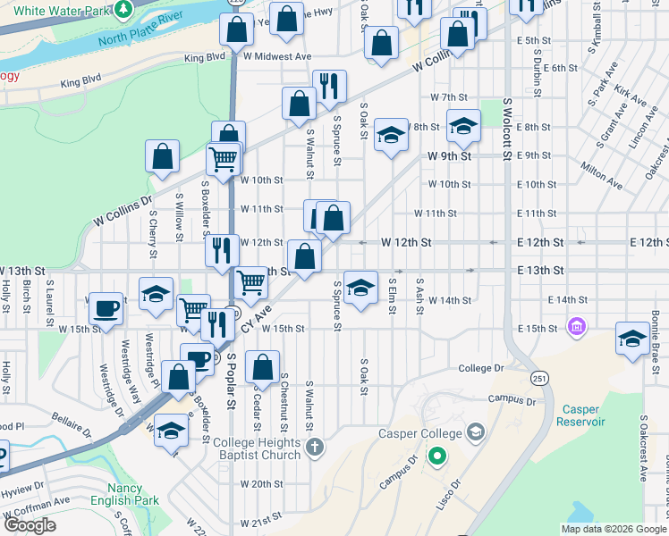 map of restaurants, bars, coffee shops, grocery stores, and more near 1318 South Spruce Street in Casper