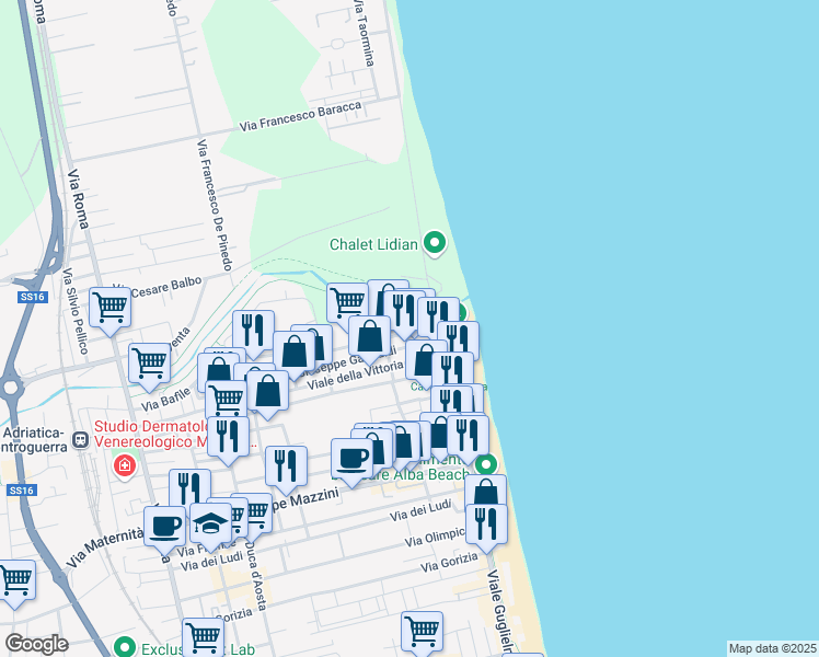 map of restaurants, bars, coffee shops, grocery stores, and more near 182 Via Battisti in Alba Adriatica