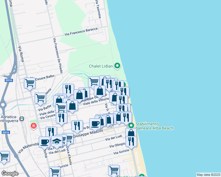 map of restaurants, bars, coffee shops, grocery stores, and more near 182 Via Battisti in Alba Adriatica