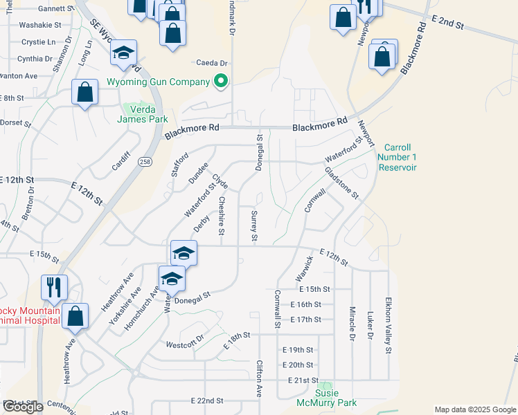 map of restaurants, bars, coffee shops, grocery stores, and more near 1130 Recluse Court in Casper